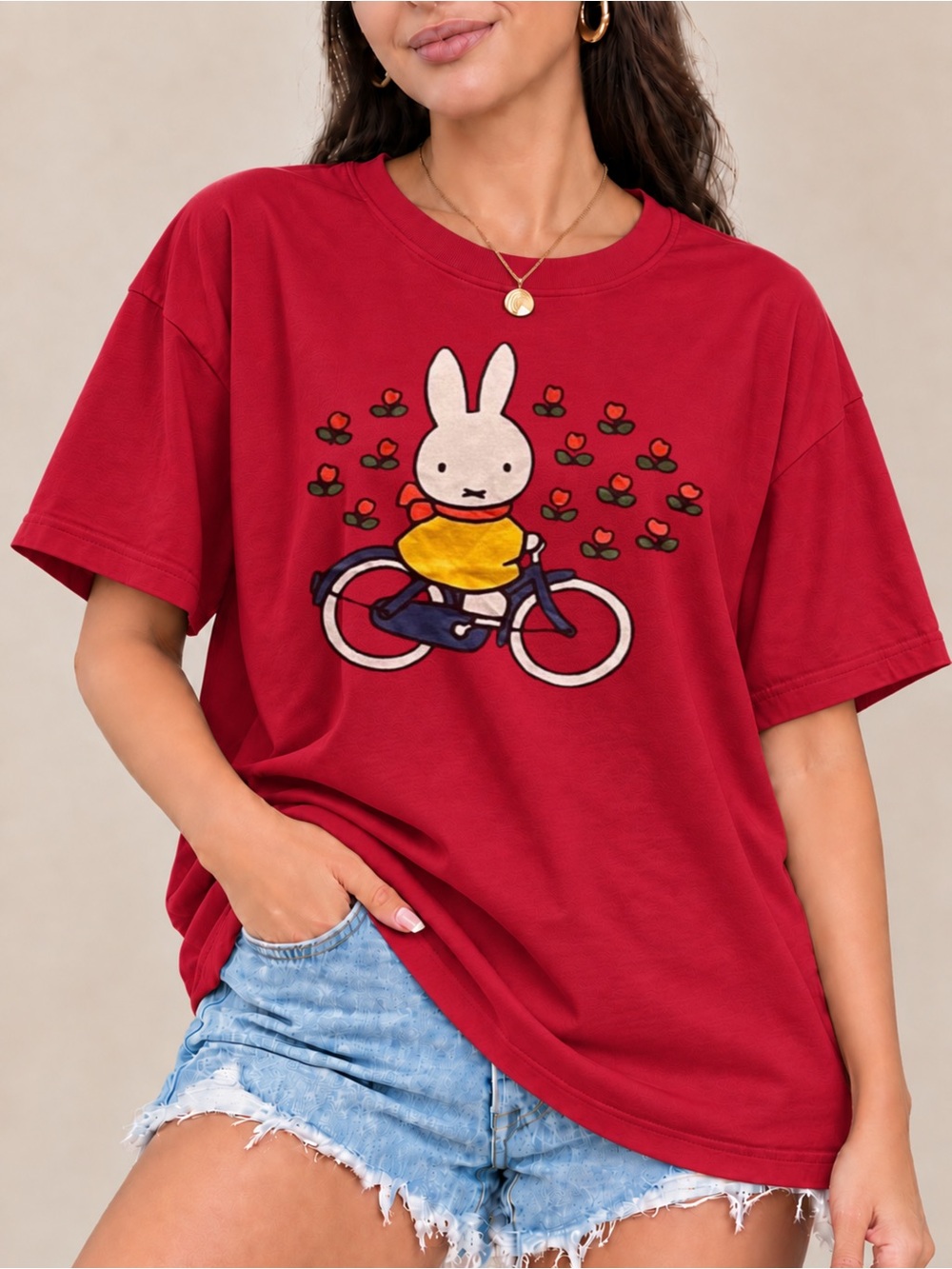 Cute Bunny Bicycle Graphic Teen Retro Floral Cycling Unisex T-shirt